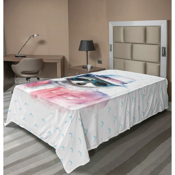 Ambesonne Funny Flat Sheet, Retro Hipster Raccoon, TwinXL Size, Pink Blue
