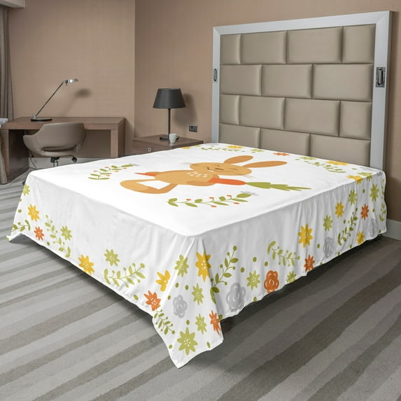 Ambesonne Funny Flat Sheet, Smiling Rabbit Summer, Queen Size, Multicolor