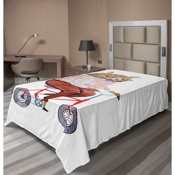 Ambesonne Funny Flat Sheet, Urban Bear on Bicycle, Twin Size, Multicolor