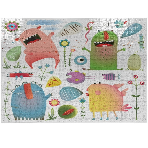 Ambesonne Funny Jigsaw Puzzle, Imaginary Creatures Fun, Heirloom-Quality Fun Activity for Family Durable Cardboard, 1000 pcs, Green Blue