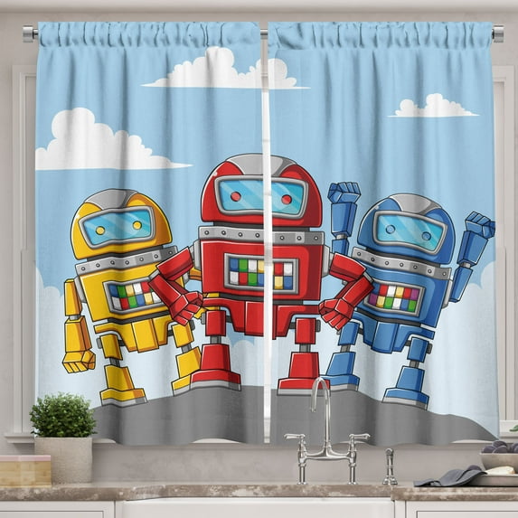 Ambesonne Funny Kitchen Curtains, 3 Colorful Robots on a Hill, 55"x45", Sky Blue Scarlet and Orange
