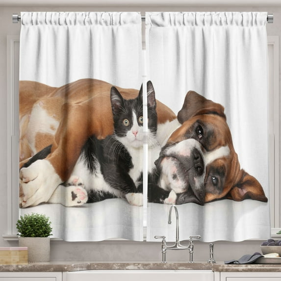 Ambesonne Funny Kitchen Curtains, Cat Dog Friendship, 55"x39", Brown Black White