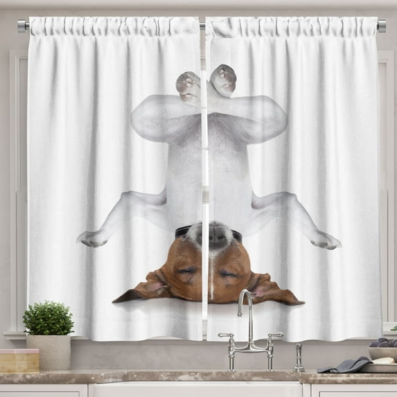 Ambesonne Funny Kitchen Curtains, Dog Upside down Relax, 55"x45", White Brown