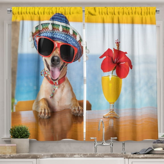 Ambesonne Funny Kitchen Curtains, Dog and Cocktail at the Bar, 55"x24", Multicolor