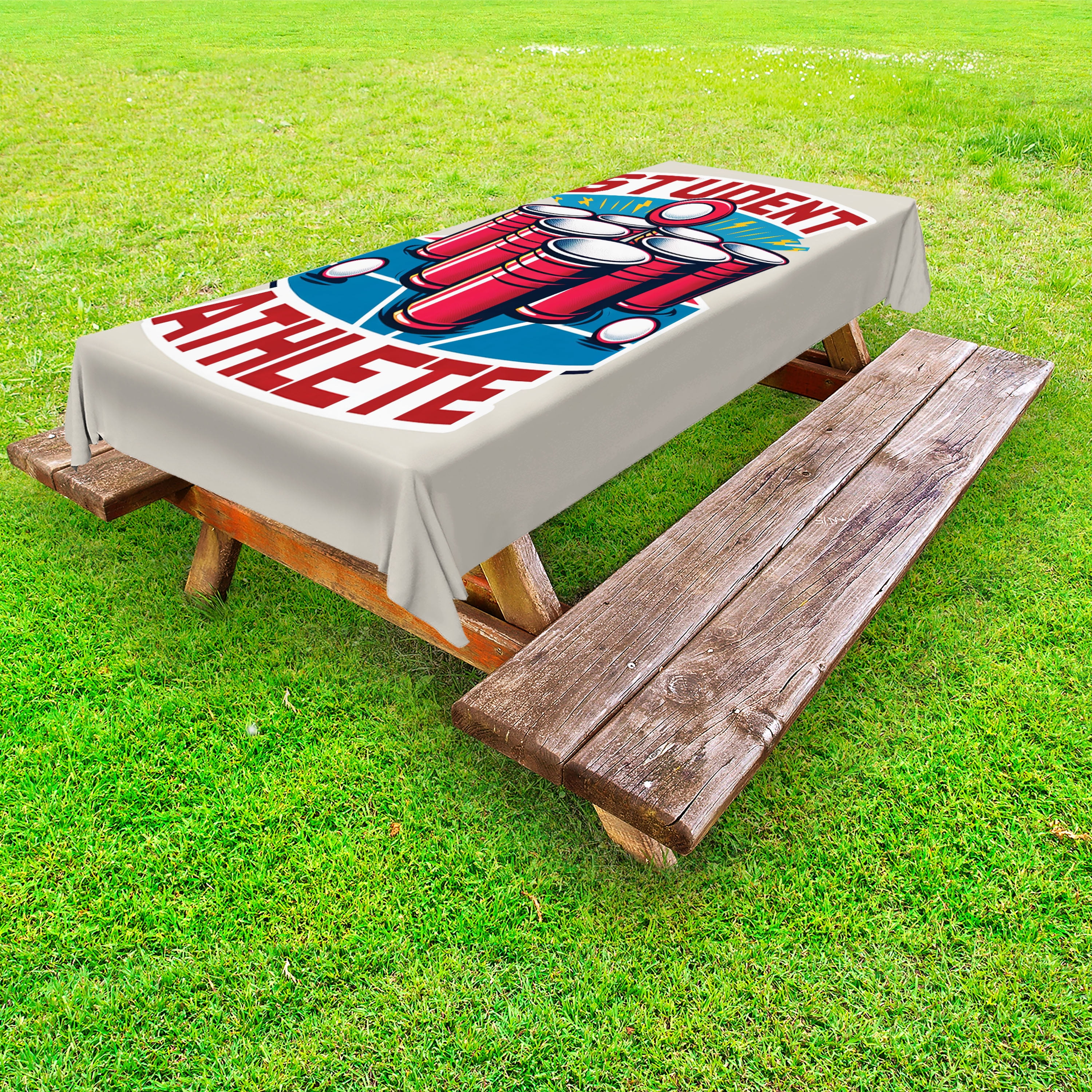 Ambesonne Funny Outdoor Tablecloth, Beer Pong Themed Athlete Art, 58