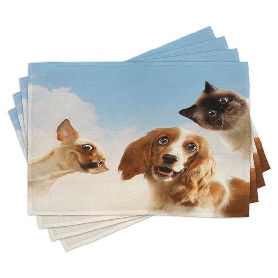 Ambesonne Funny Place Mats Set of 4, Cats Dogs in Sky Clouds, Standard Size, Multicolor