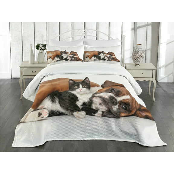 Ambesonne Funny Quilted Bedspread Set 3 Pcs, Cat Dog Friendship, King Size, Brown Black White