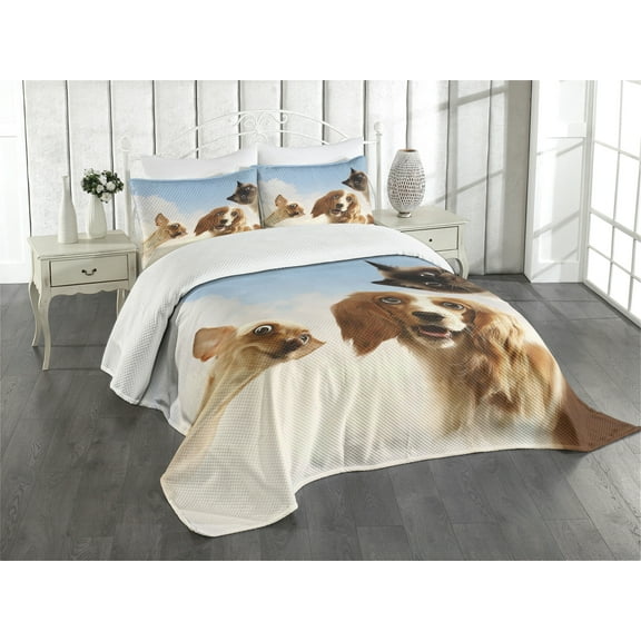 Ambesonne Funny Quilted Bedspread Set 3 Pcs, Cats Dogs in Sky Clouds, King Size, Multicolor