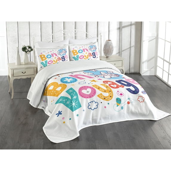 Ambesonne Funny Quilted Bedspread Set 3 Pcs, Happy Message, Queen Size, Multicolor