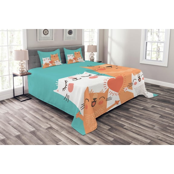 Ambesonne Funny Quilted Bedspread Set 3 Pcs, Kitty Couple Happy, King Size, Multicolor