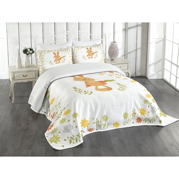 Ambesonne Funny Quilted Bedspread Set 3 Pcs, Smiling Rabbit Summer, King Size, Multicolor