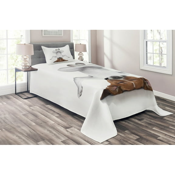 Ambesonne Funny Quilted Coverlet 2 Pcs, Dog Upside down Relax, Twin Size, White Brown