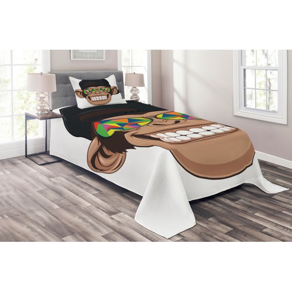 Ambesonne Funny Quilted Coverlet 2 Pcs, Hipster Monkey Glasses, Twin Size, Brown Black White