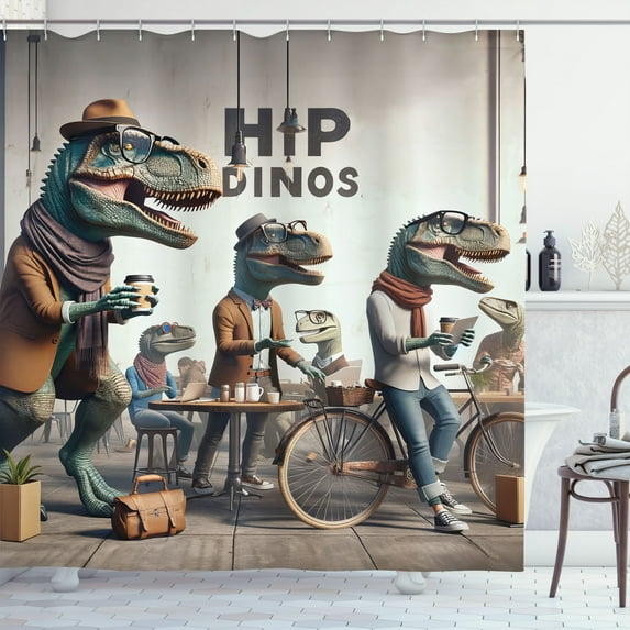 Ambesonne Funny Shower Curtain, Hipster Dinosaurs Coffee Shop, 69"Wx70"L, Sepia Teal and Pale Rust