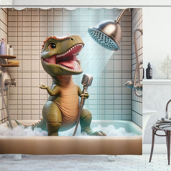 Ambesonne Funny Shower Curtain, Showering and Singing Dino, 69"Wx75"L, Olive Green Dark Tan