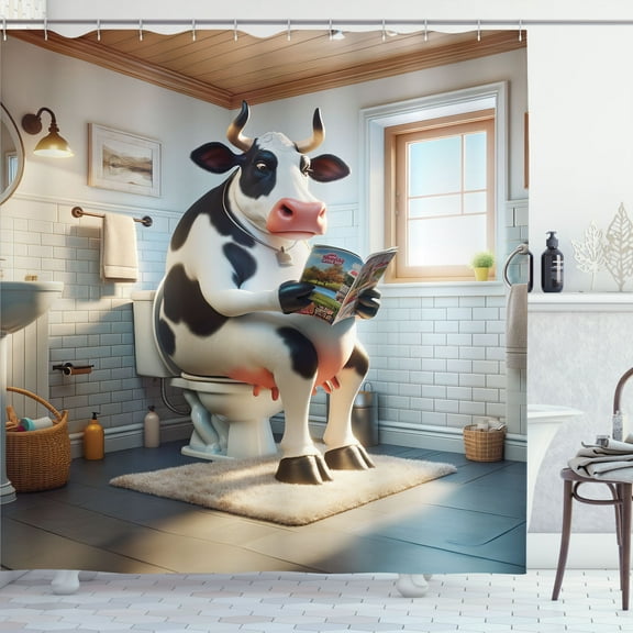 Ambesonne Funny Shower Curtain, Toilet of Cow Reading Paper, 69"Wx70"L, Pale Brown Grey Coconut