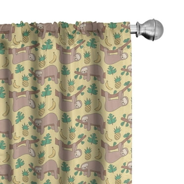 Ambesonne Funny Sloth Curtains, Lazy Animal Tree Banana, Pair of 28"x63", Yellow Umber