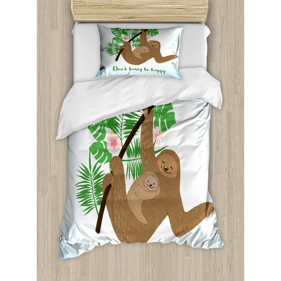 Ambesonne Funny Sloth Duvet Cover Sets, Don't Hurry Be Happy, 2-Twin, Cocoa Multicolor
