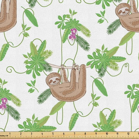 Ambesonne Funny Sloth Fabric by the Yard Upholstery, Floral Leaves Foliage, 10 Yards, Lime Green Umber