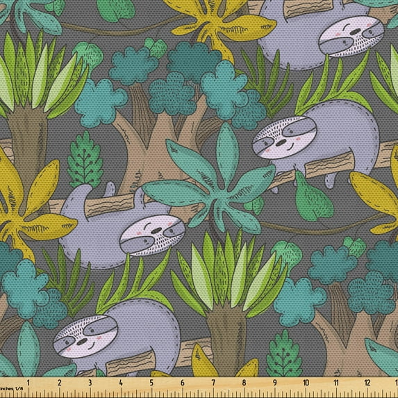 Ambesonne Funny Sloth Fabric by the Yard Upholstery, Jungle Plants Leaves, 1 Yard, Grey and Multicolor