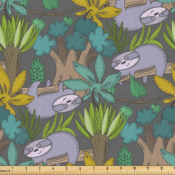 Ambesonne Funny Sloth Fabric by the Yard Upholstery, Jungle Plants Leaves, 2 Yards, Grey and Multicolor