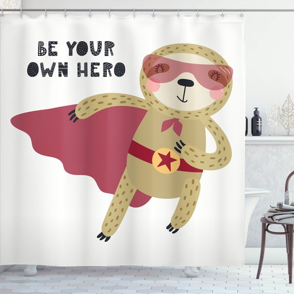 Ambesonne Funny Sloth Shower Curtain, Be Your Own Hero Motto, 69"Wx75"L, White Multicolor