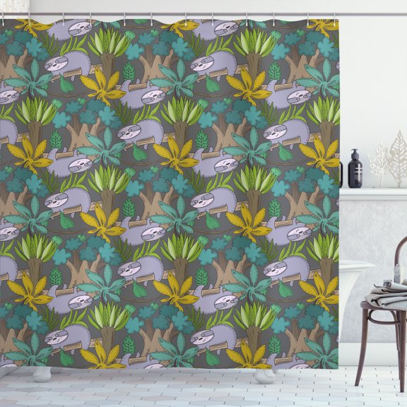 Ambesonne Funny Sloth Shower Curtain, Jungle Plants Leaves, 69"Wx84"L, Grey and Multicolor