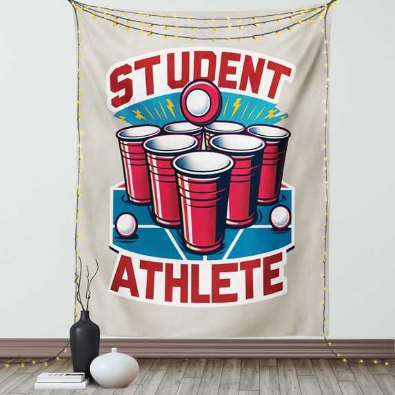 Ambesonne Funny Tapestry Wall Hanging, Beer Pong Themed Athlete Art, 40"x60", Dark Pink Blue and Red