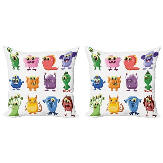 Ambesonne Funny Throw Pillow Cover 2 Pack, Cartoon Aliens Monsters, 18", Multicolor