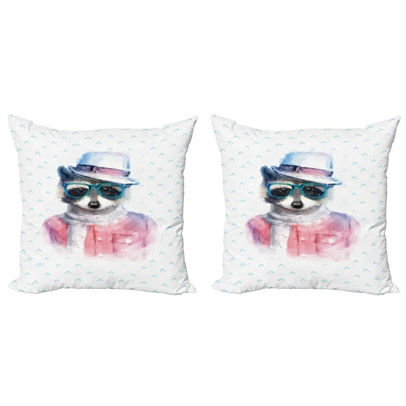 Ambesonne Funny Throw Pillow Cover 2 Pack, Retro Hipster Raccoon, 20", Pink Blue