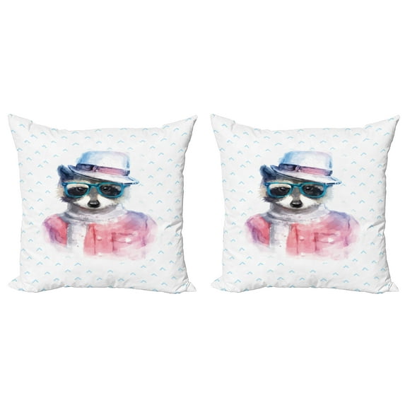 Ambesonne Funny Throw Pillow Cover 2 Pack, Retro Hipster Raccoon, 20", Pink Blue