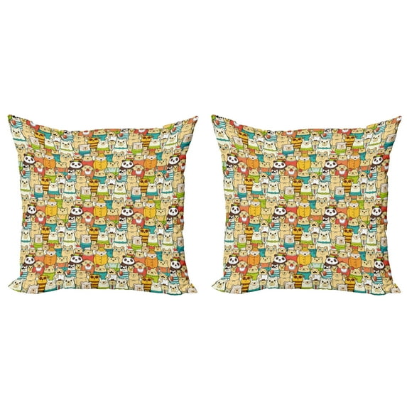 Ambesonne Funny Throw Pillow Cover 2 Pack, Teddy Bears Doodle Comic, 24", Multicolor