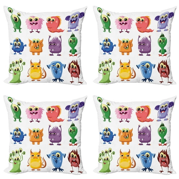 Ambesonne Funny Throw Pillow Cover 4 Pack, Cartoon Aliens Monsters, 16", Multicolor