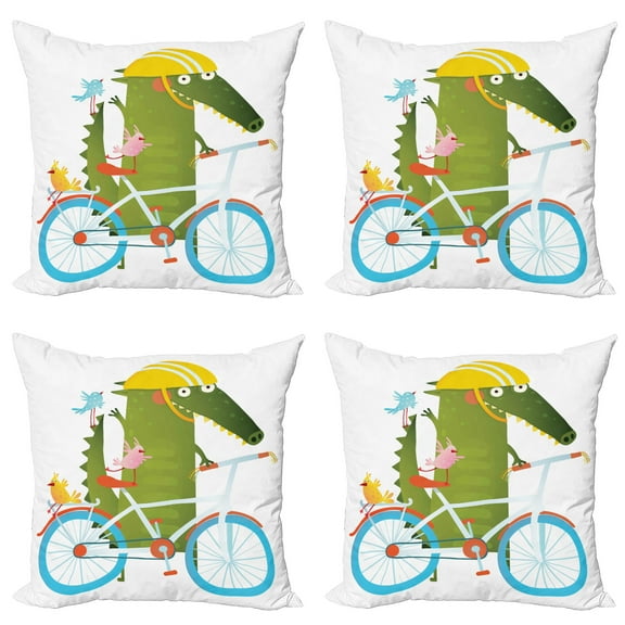 Ambesonne Funny Throw Pillow Cover 4 Pack, Crocodile Friends Bicycle, 16", Multicolor