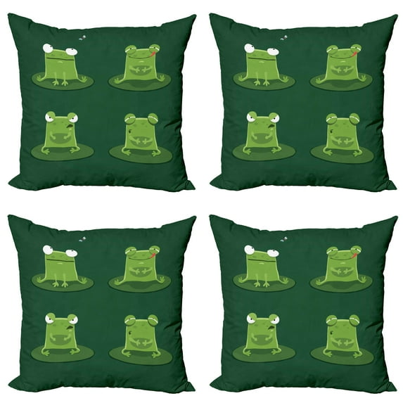 Ambesonne Funny Throw Pillow Cover 4 Pack, Frogs in Pond Lily Pad, 18", Hunter Green
