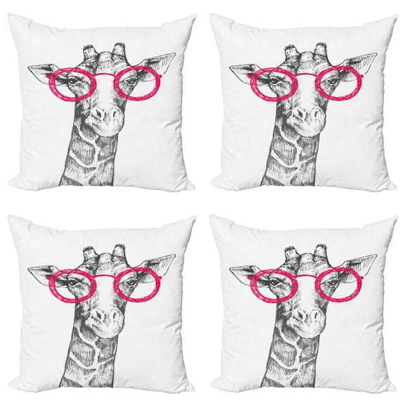 Ambesonne Funny Throw Pillow Cover 4 Pack, Hipster Animal Glasses, 16", White Pink