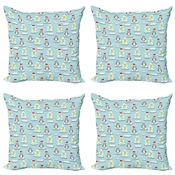 Ambesonne Funny Throw Pillow Cover 4 Pack, Penguin Snowman Ice Floe, 18", Multicolor