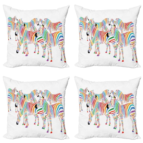 Ambesonne Funny Throw Pillow Cover 4 Pack, Rainbow Inspired Zebra Motifs, 20", Multicolor