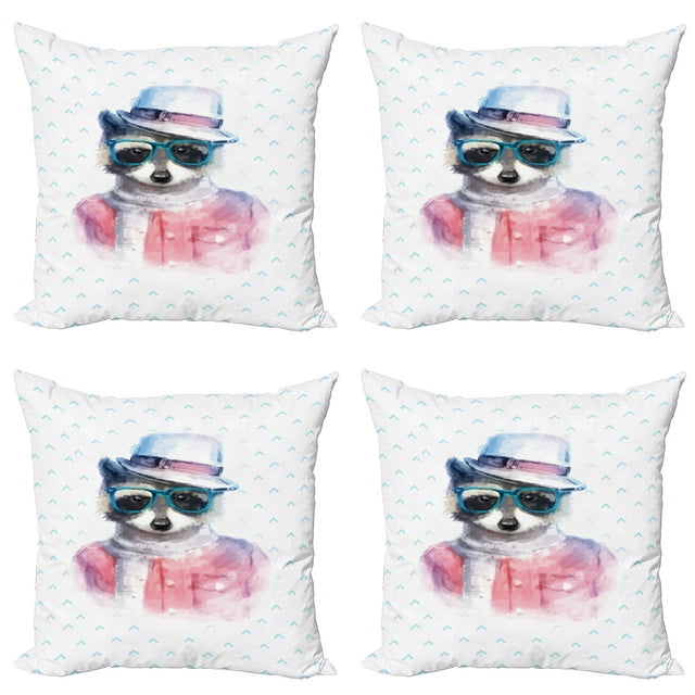 Ambesonne Funny Throw Pillow Cover 4 Pack, Retro Hipster Raccoon, 18", Pink Blue