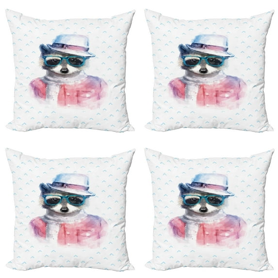 Ambesonne Funny Throw Pillow Cover 4 Pack, Retro Hipster Raccoon, 20", Pink Blue