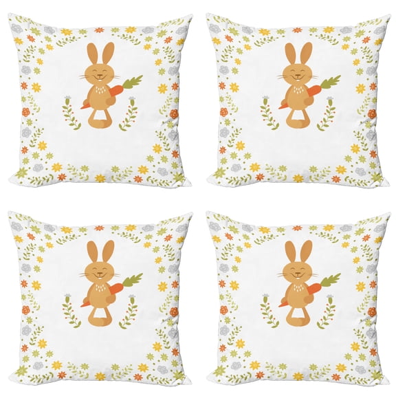 Ambesonne Funny Throw Pillow Cover 4 Pack, Smiling Rabbit Summer, 24", Multicolor
