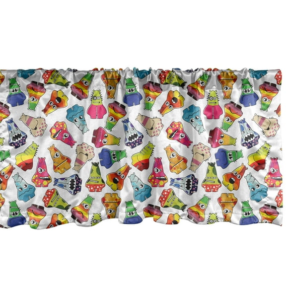 Ambesonne Funny Window Valance, Playful Friendly Monsters, 54" X 12", Multicolor