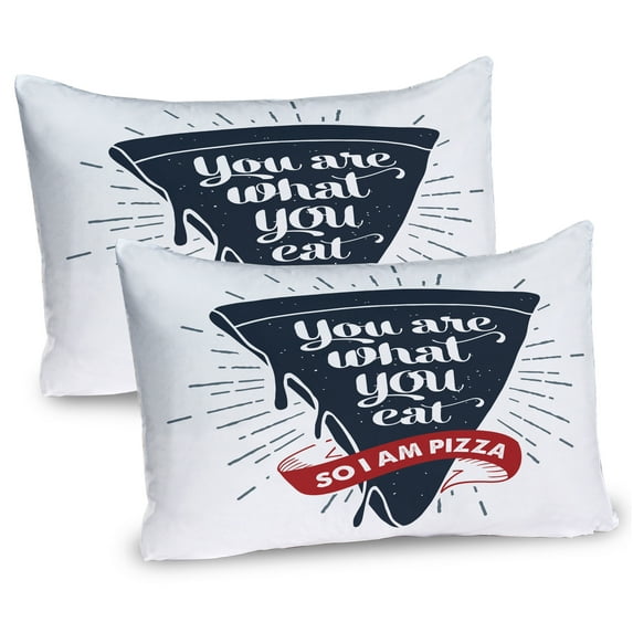 Ambesonne Funny Words Pillow Sham 2 Pack, Grunge Pizza Slice, 36"x20", Dark Blue Red and Grey
