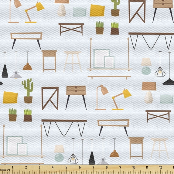 Ambesonne Furniture Fabric by the Yard Upholstery, Cartoon Indoor Motifs Art, 5 Yards, Orange Pale Olive Green