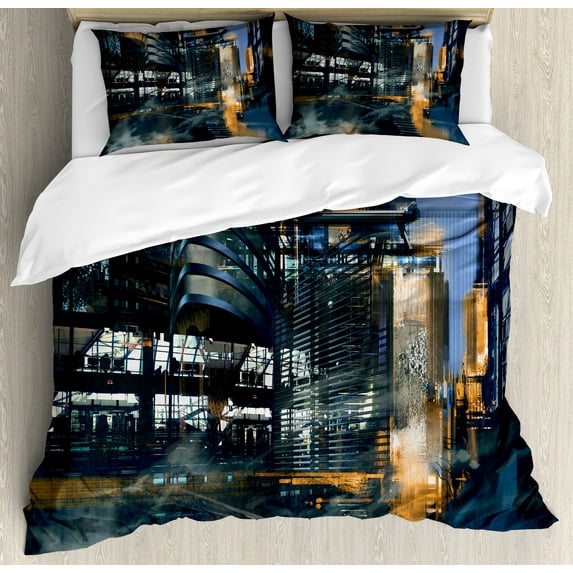 Ambesonne Futuristic Duvet Cover Sets, Cyberpunk Cityscape, 2-King, Black Orange Blue