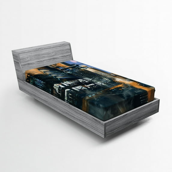 Ambesonne Futuristic Fitted Sheet, Cyberpunk Cityscape, Twin Size, Black Orange Blue