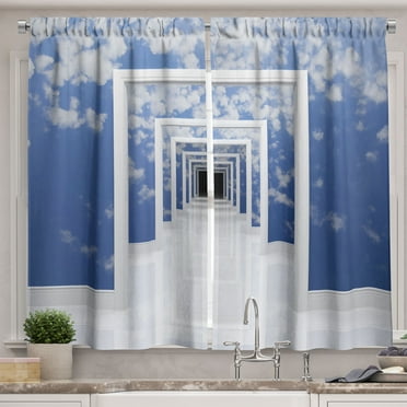 Ambesonne Futuristic Kitchen Curtains, Sky Clouds on Walls, 55"x39", Blue White