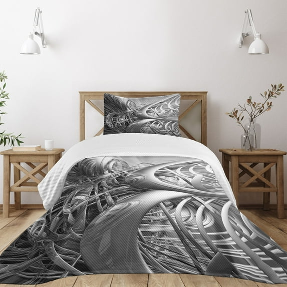 Ambesonne Futuristic Quilted Bedspread Set 2 Pcs, Technologic Pattern, Twin Size, Grey and Pale Grey