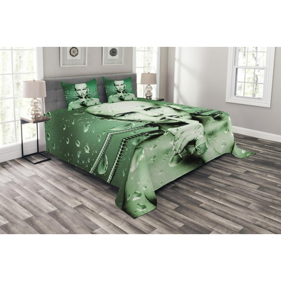 Ambesonne Futuristic Quilted Bedspread Set 3 Pcs, Robot Girl in Glass, Queen Size, Green Green