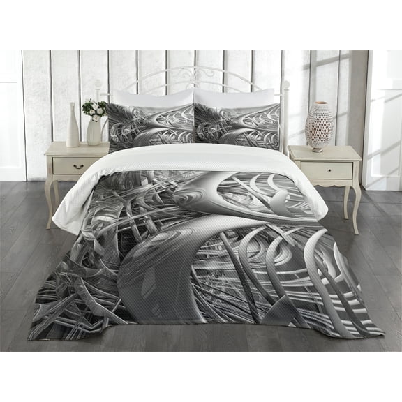Ambesonne Futuristic Quilted Bedspread Set 3 Pcs, Technologic Pattern, King Size, Grey and Pale Grey